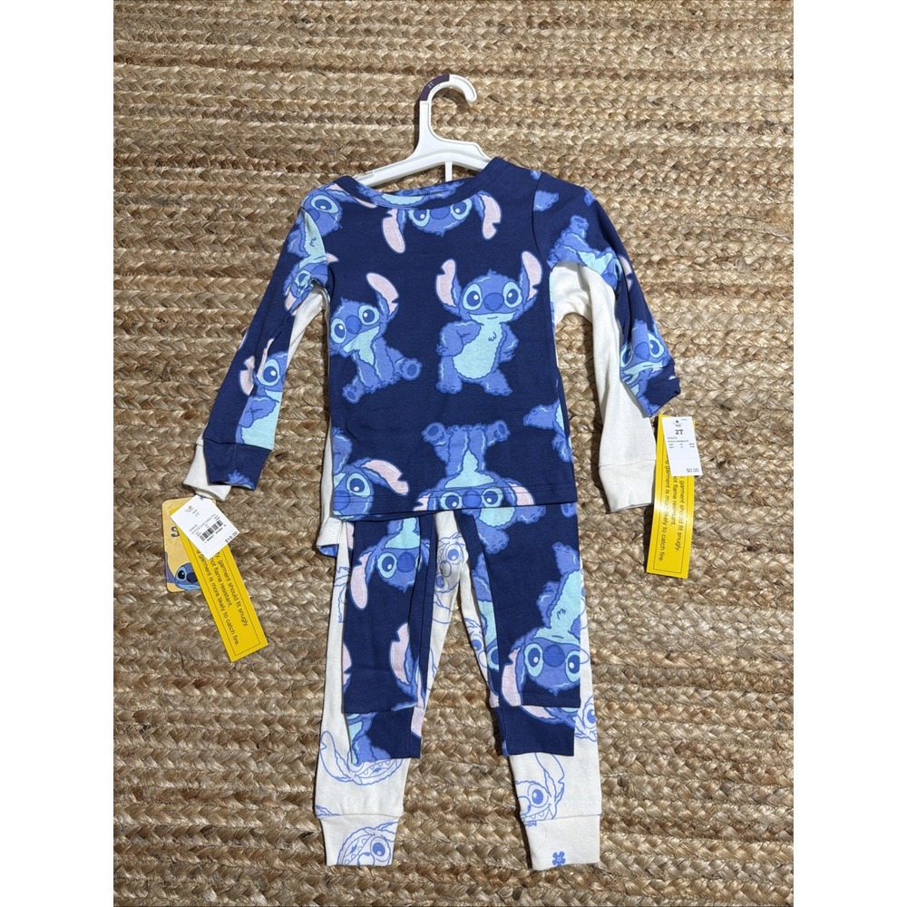 Disney Stitch Pajamas Kids 2T 4 Piece Set Cotton Sleepwear Navy White Unisex